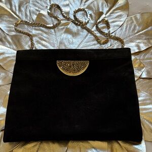 Black REVA Suede Evening Chain Shoulder Bag with Crystal Accent